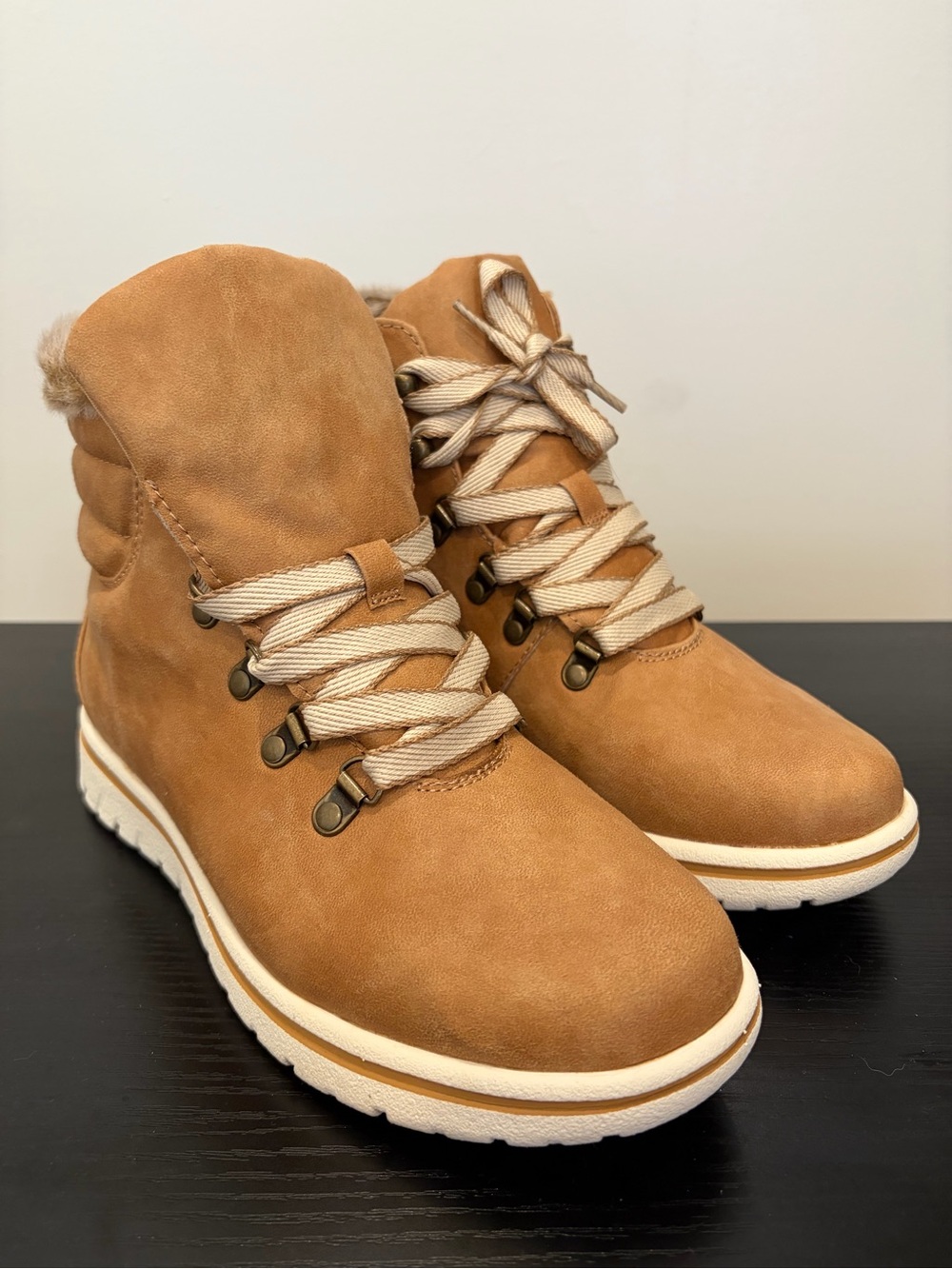 Cliffs by WHITE MOUNTAIN Tan Lace-Up Faux-Fur Ankle Boots